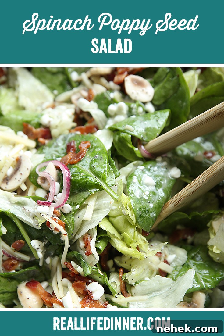 Spinach Salad with Poppy Seed Dressing: Fresh & Crunchy Recipe 15 Pinterest picture with the text of the title of the recipe up at the top.