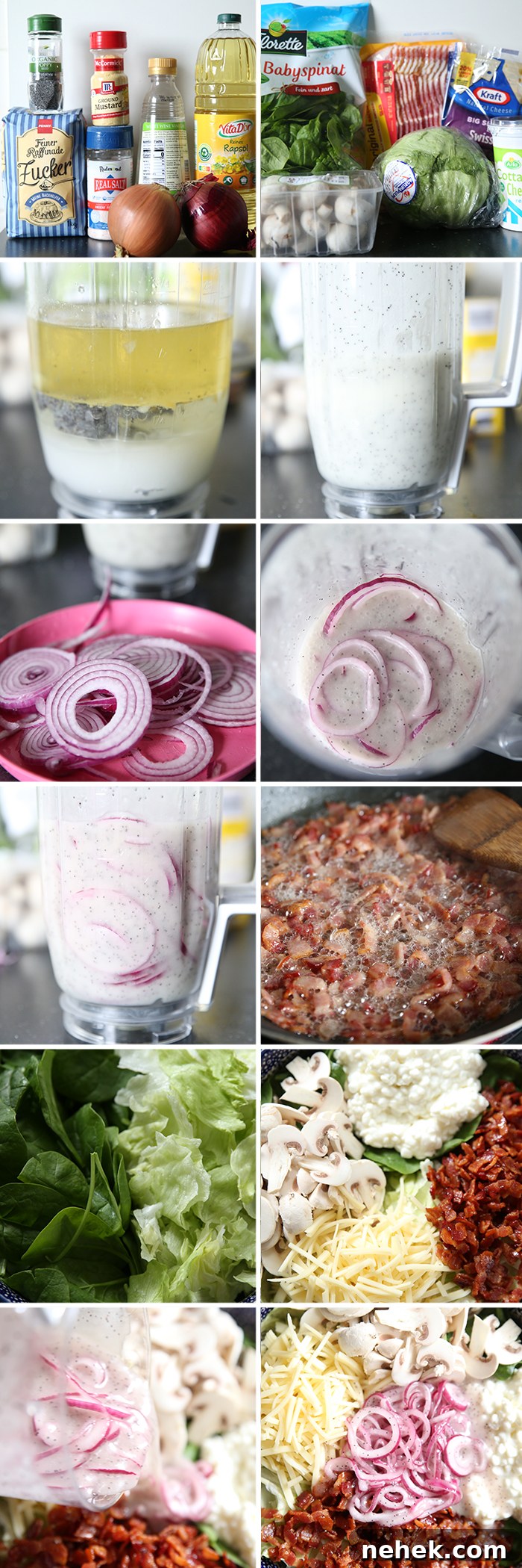Spinach Salad with Poppy Seed Dressing: Fresh & Crunchy Recipe 5 12-photo picture collage of step-by-step photos of how to make Spinach Poppy Seed Salad.