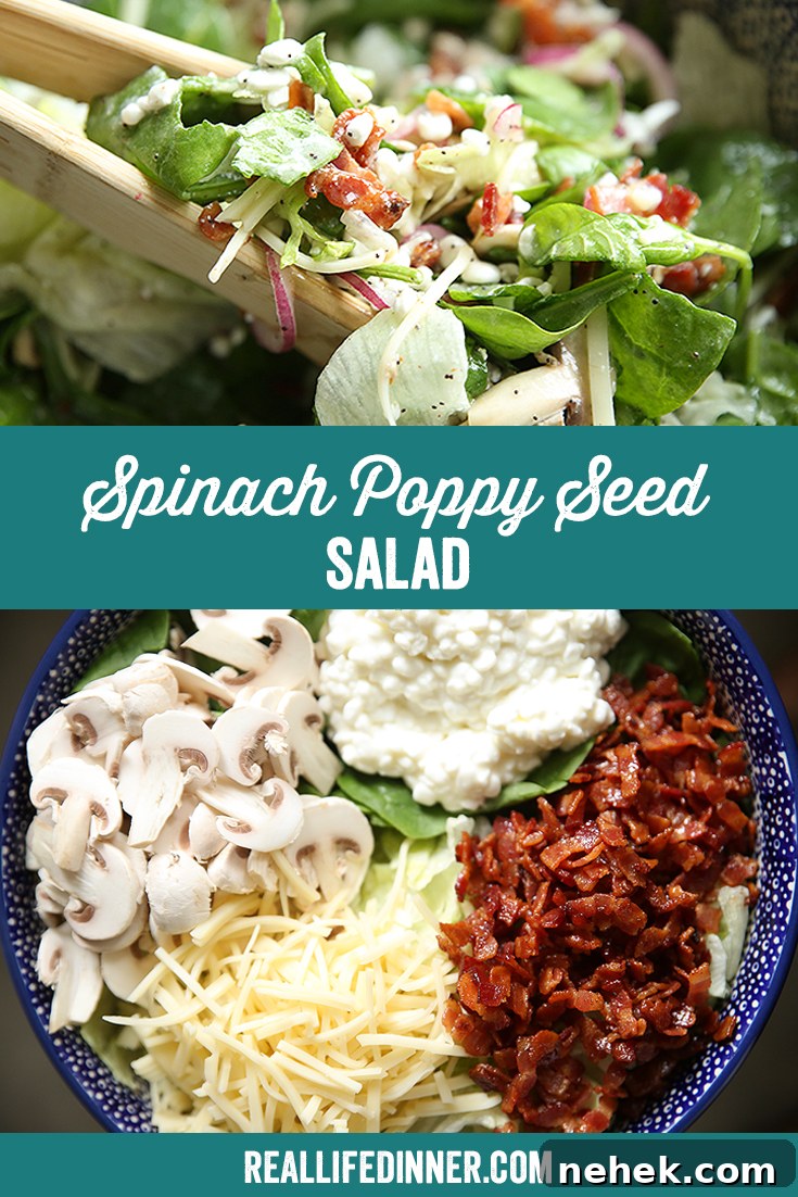 Two-photo Pinterest picture with the text "Spinach Poppy Seed Salad" in the middle, separating the photos.