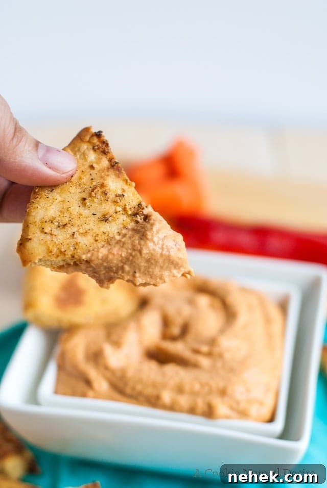 Spiced pita chips and super cream roasted red pepper hummus