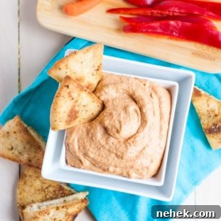 The creamiest roasted red pepper hummus with spiced pita chips