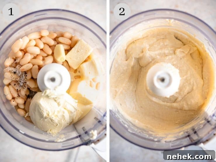 Blending the white bean dip Two process shots showing how to make a white bean dip