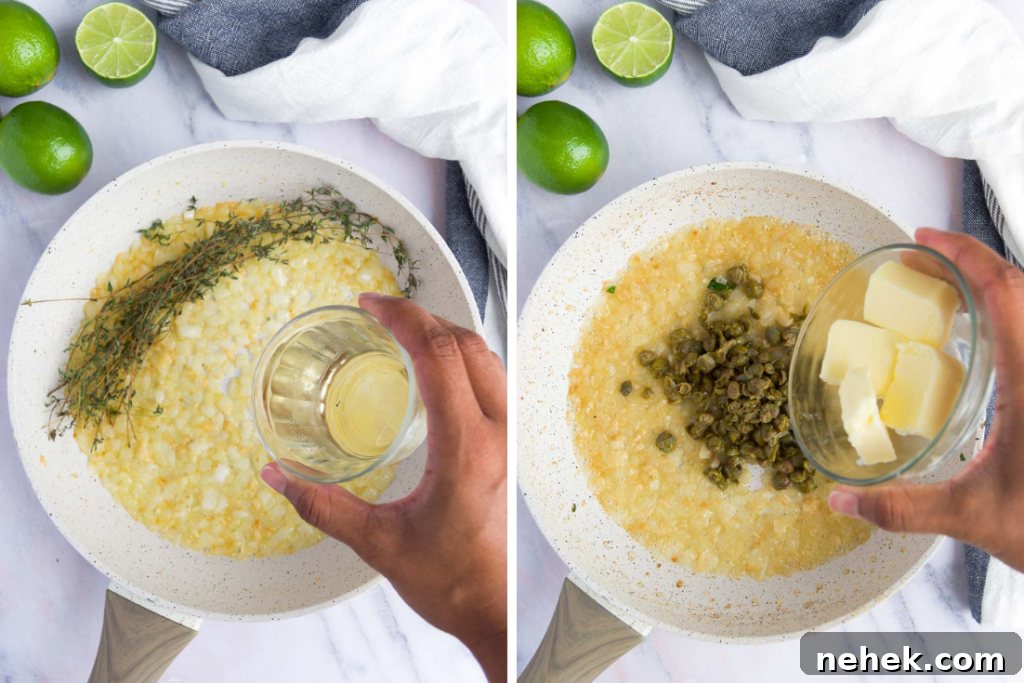 a collage of two images showing how to make a caper butter sauce in a skillet