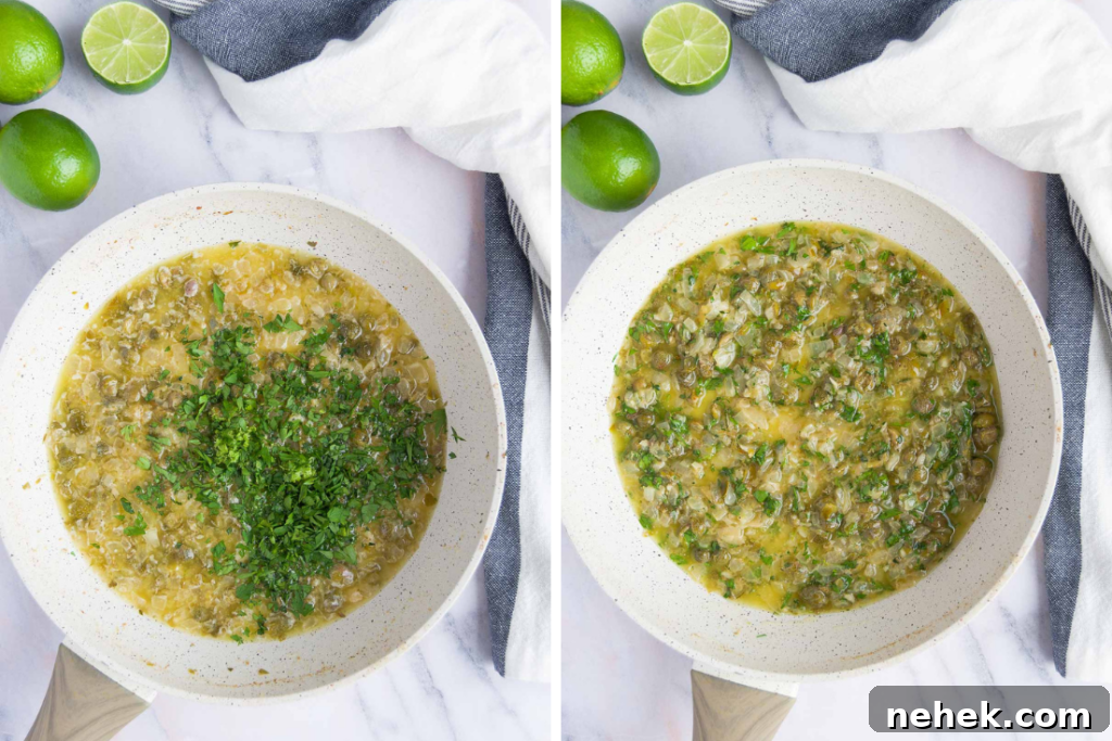 collage of two images showing the final caper sauce in a white skillet