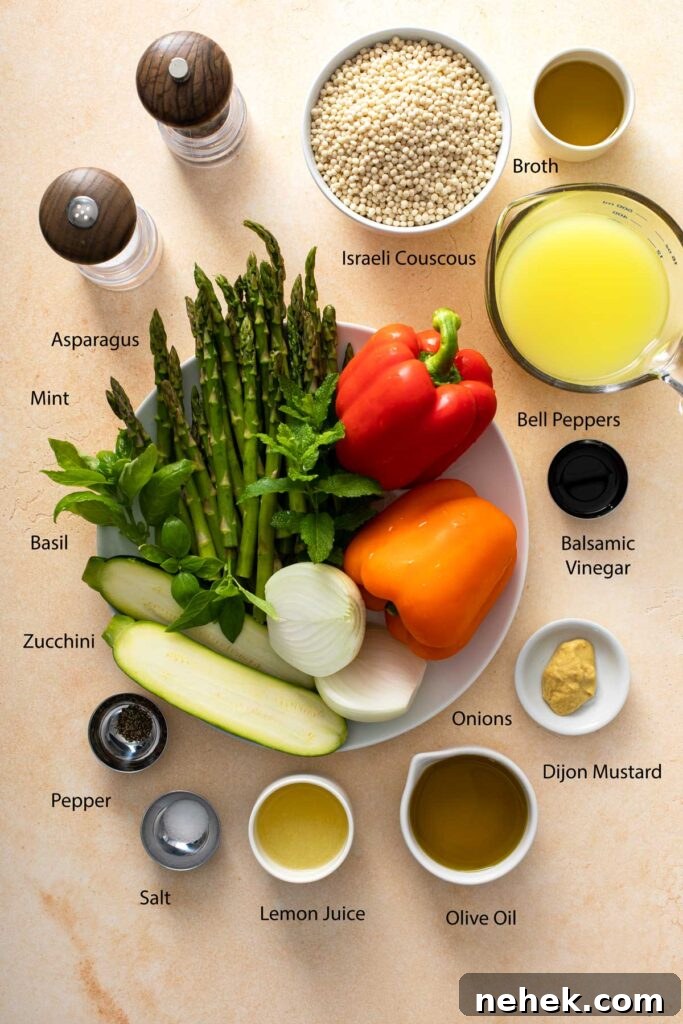 Ingredients to make pearl couscous salad and lemon vinaigrette