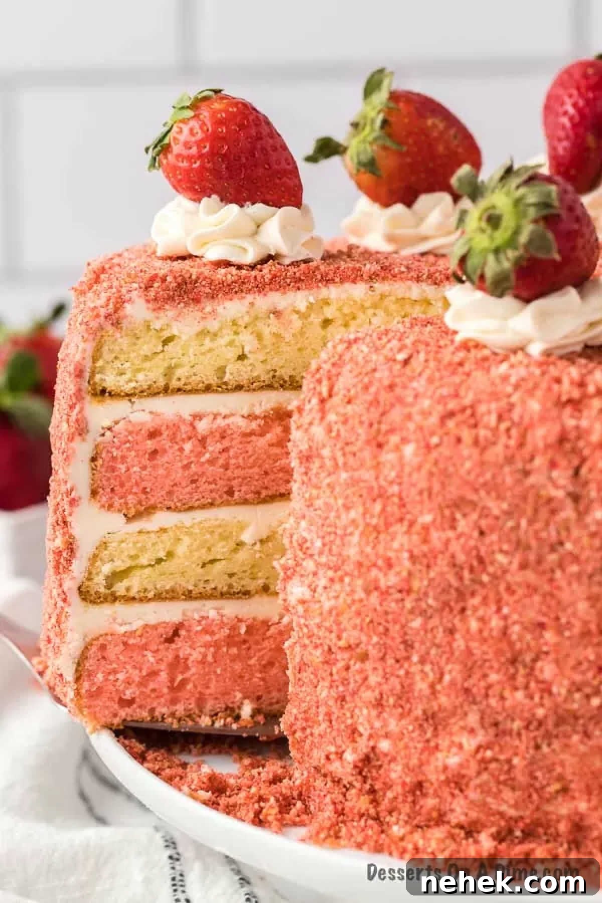 How Long Does Birthday Cake Stay Fresh? Shelf Life Guide 2 A close up image of strawberry crunch cake with fresh strawberries on top.