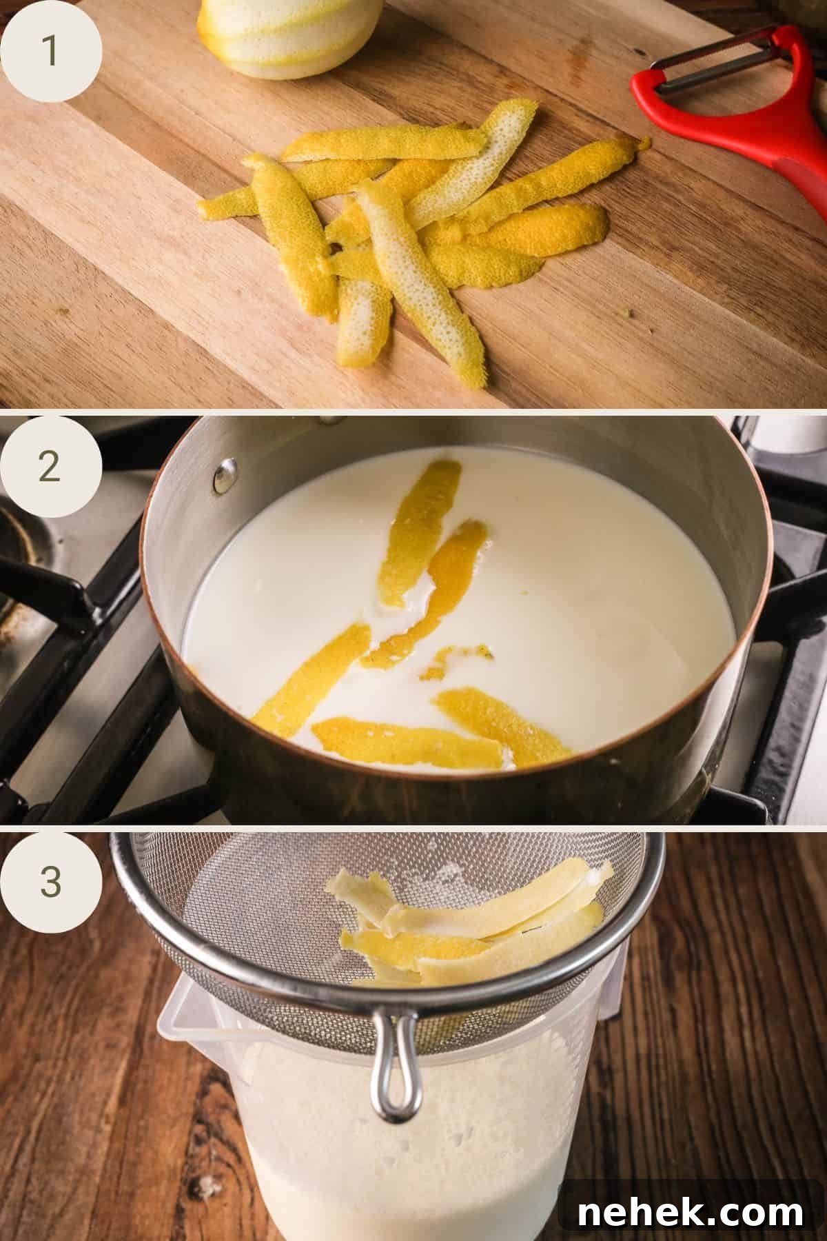 Lemons peeled and added to milk to heat and infuse for at least two hours. Strained into jug.