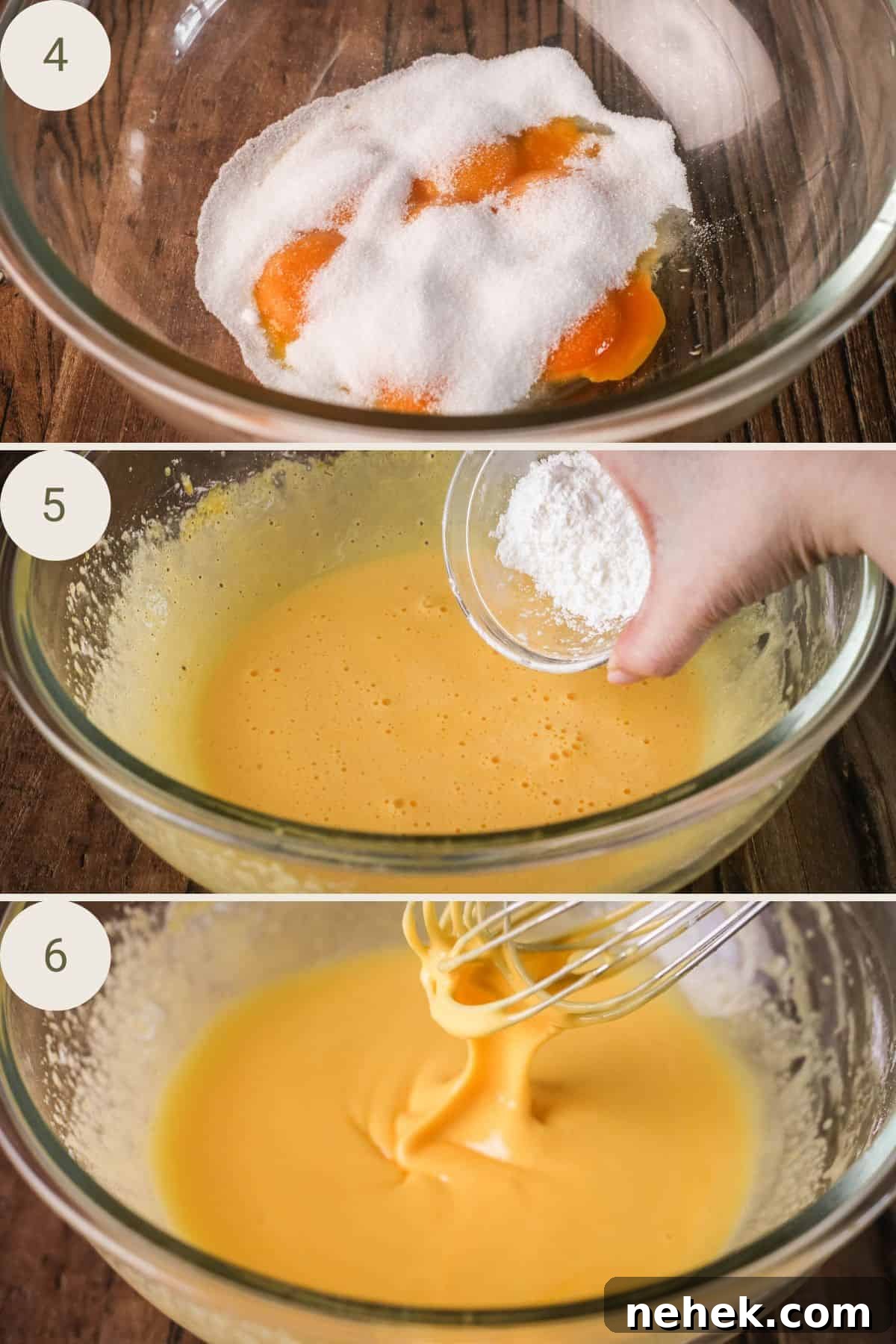 Eggs and sugar whisked until thick. Cornflour added and whisked in.