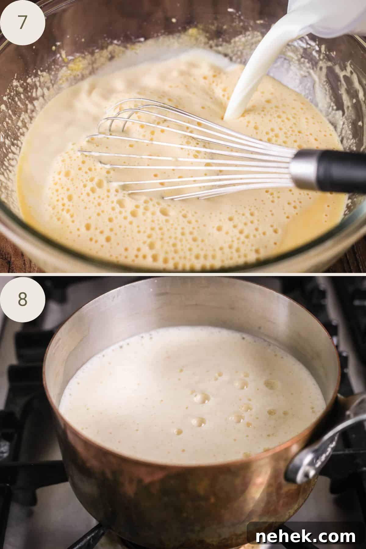 Lemon milk poured into egg mixture. Then poured into saucepan to heat and thicken.