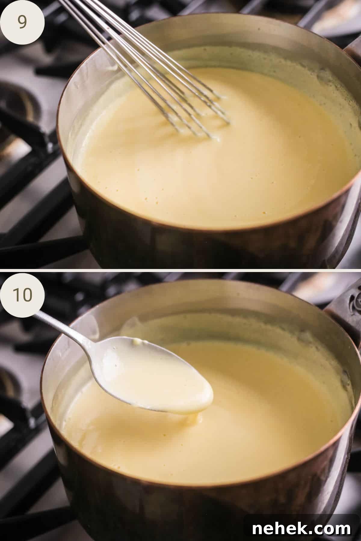 Stirring lemon custard in a saucepan until thick and pourable.