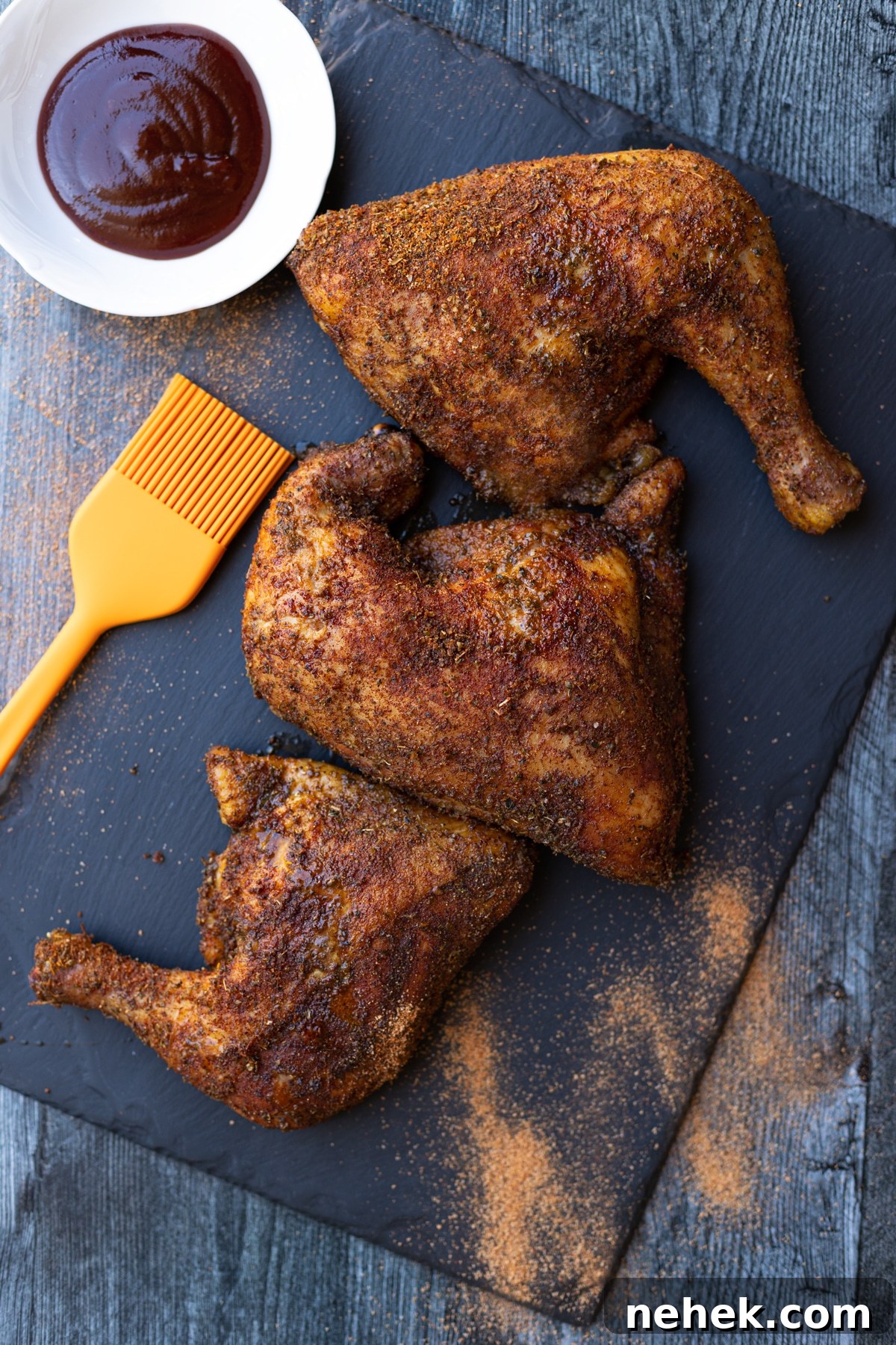 How to Smoke Chicken Leg Quarters for Juicy, Flavorful Results 11 Smoked quarters on a plate with plate of BBQ sauce and basting brush on table.