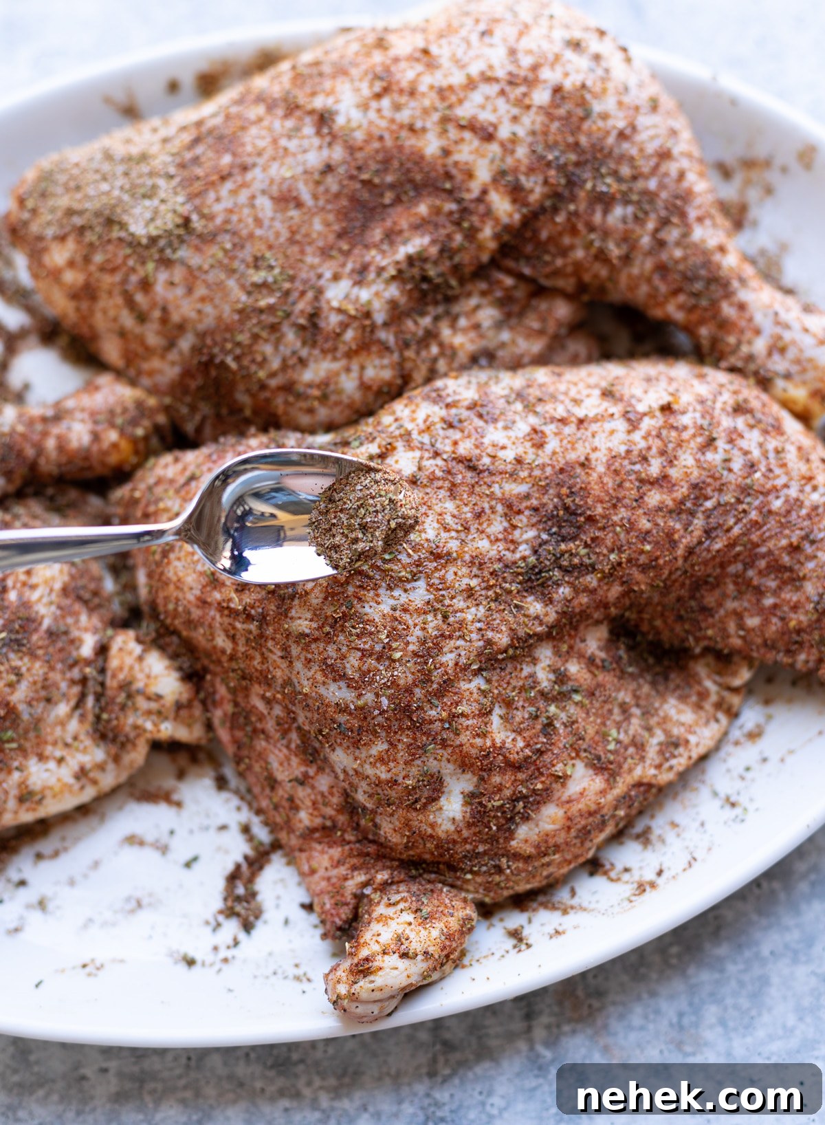 How to Smoke Chicken Leg Quarters for Juicy, Flavorful Results 6 Spice mixture being applied to chicken with a spoon.