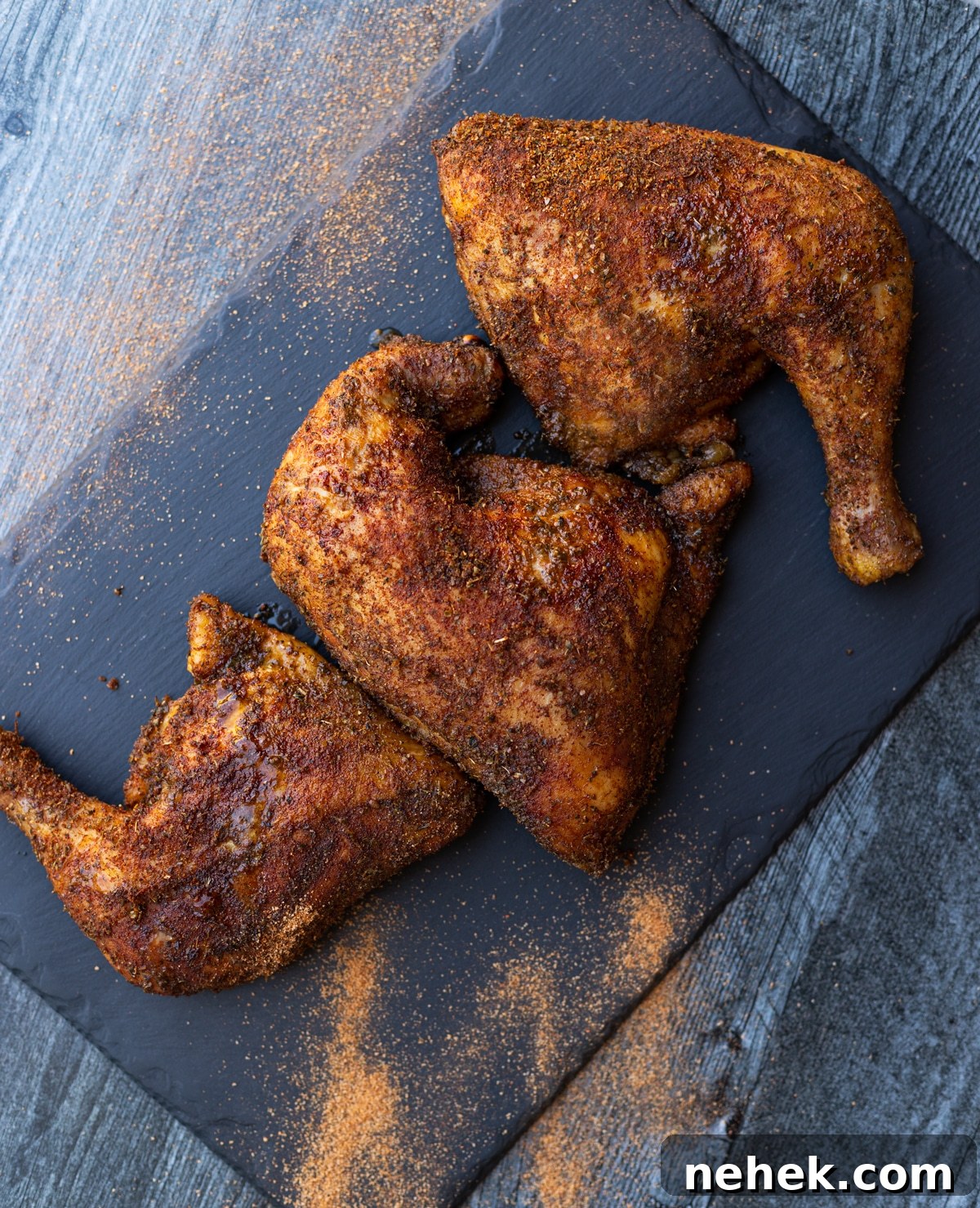How to Smoke Chicken Leg Quarters for Juicy, Flavorful Results 10 Slate plate with 3 smoked leg quarters topped with BBQ spice rub.