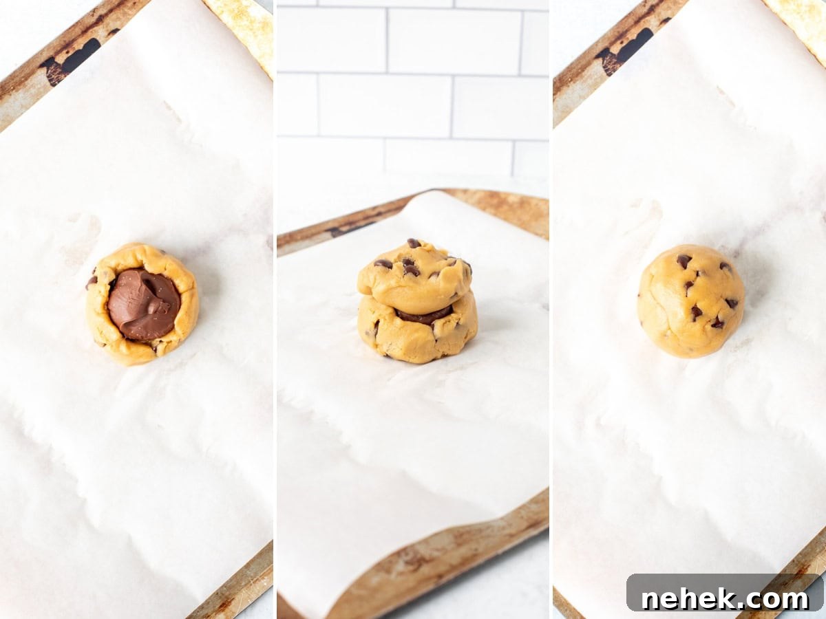 3 photos showing how to make a Nutella stuffed cookie
