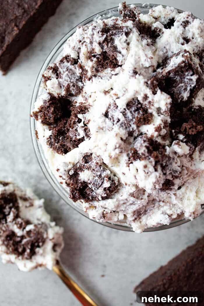 overhead view of serving bowl of keto brownie cheesecake fluff ready to serve