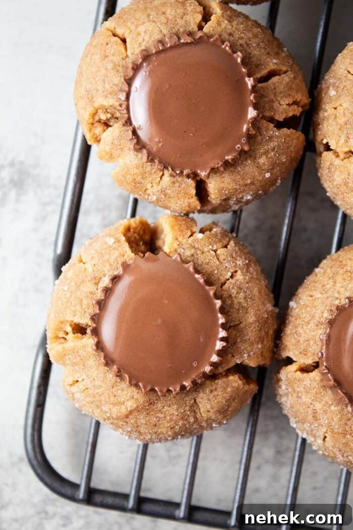 overhead view of keto sugar free Reese's peanut butter cup cookies on wire rack to cool