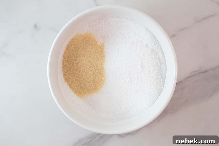 overhead view of dry ingredients in a white bowl that will be added to the stovetop mixture to make a pudding pie