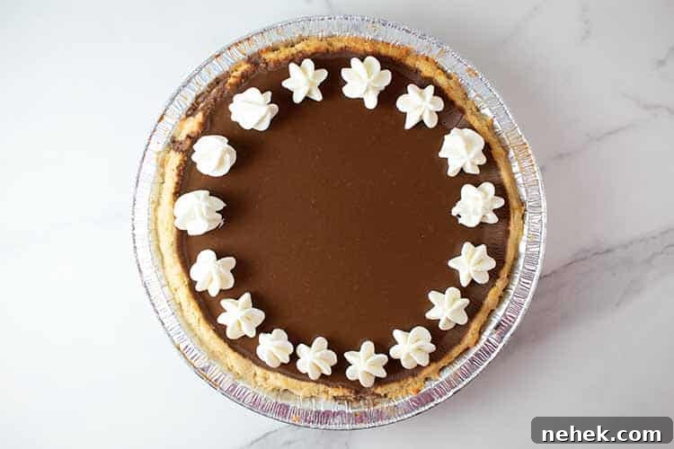 overhead view of sugar-free keto chocolate pudding pie after refrigeration and now ready to serve topped with keto whipped cream around the rim of the pie