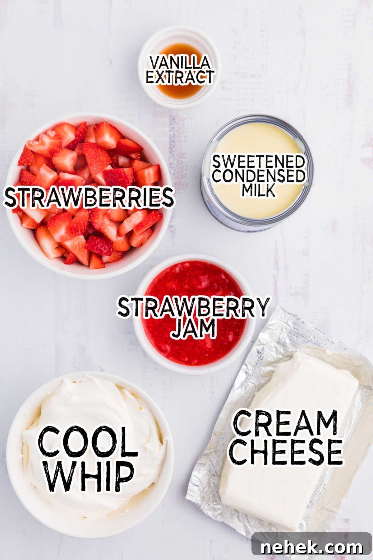 Creamy Strawberry Cheesecake Dip Recipe for Parties 3 Ingredients on a white background.