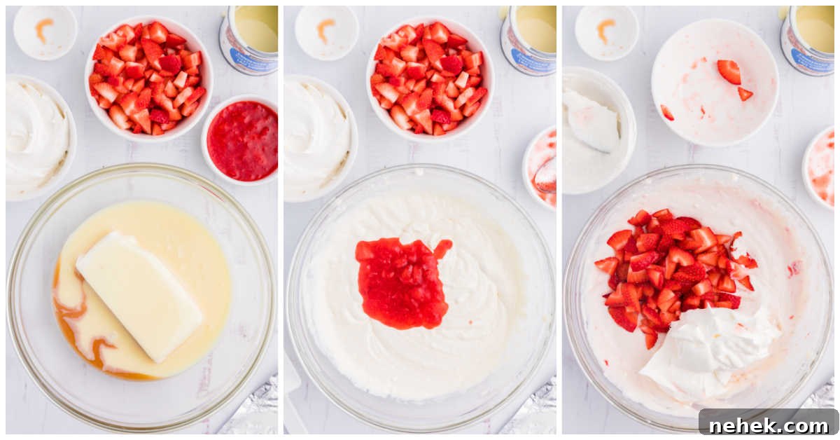 Creamy Strawberry Cheesecake Dip Recipe for Parties 4 Collage of mixing ingredients in a bowl.