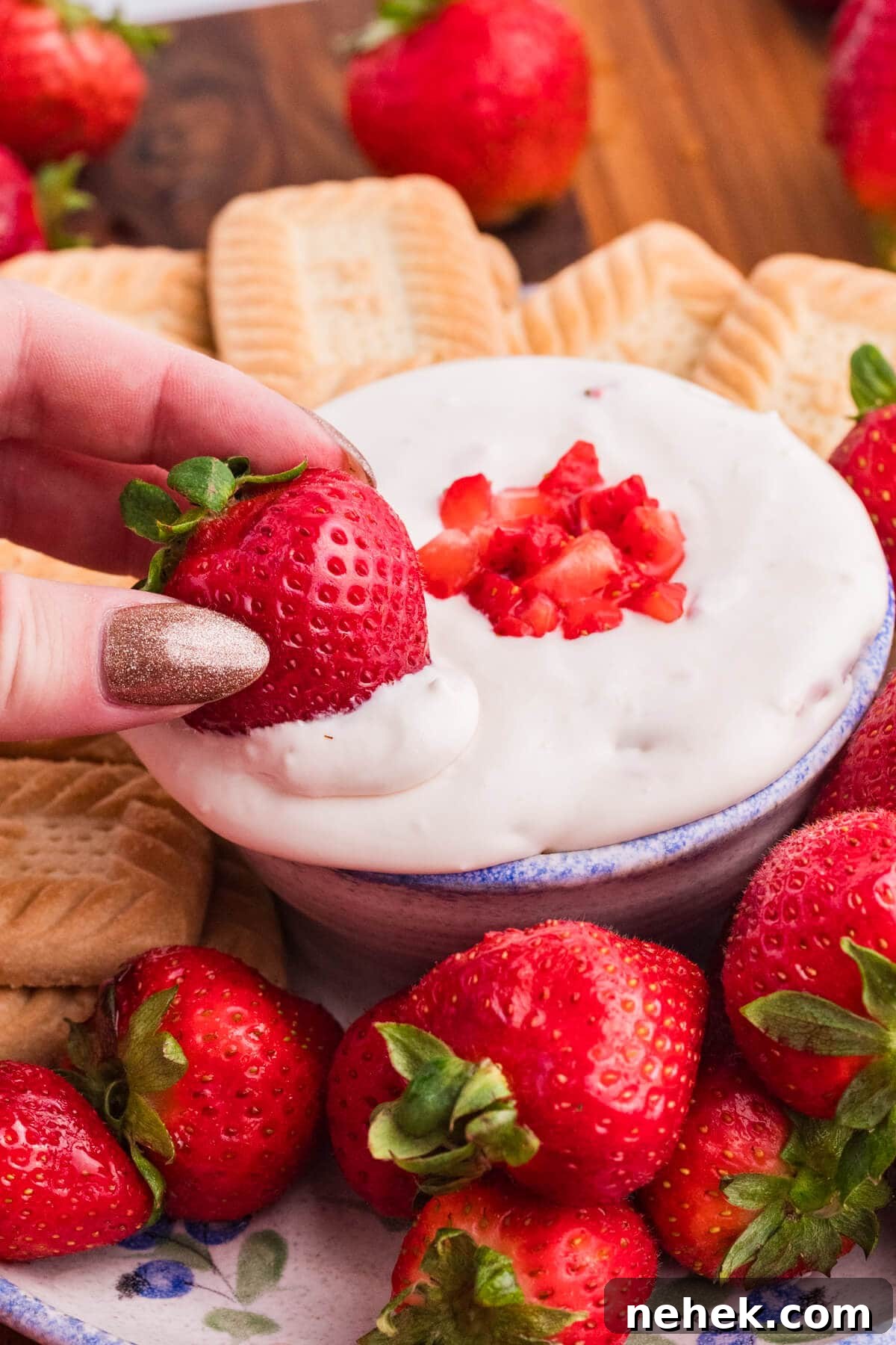 Creamy Strawberry Cheesecake Dip Recipe for Parties 7 A hand dipping a strawberry in the dip.