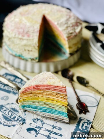 Rainbow crepe cake slice close up on patterned paper
