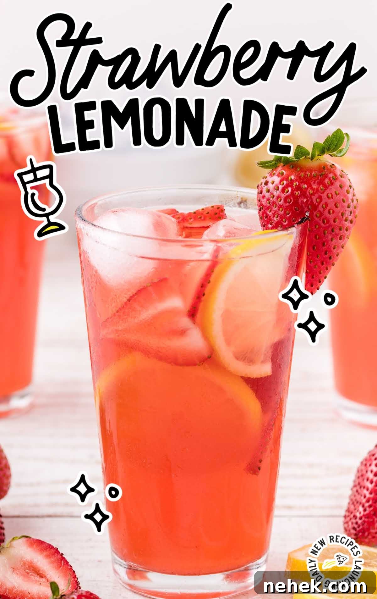 Refreshing Strawberry Lemonade Recipe for Summer Drinks 2 close up shot of a glass full of Strawberry Lemonade garnished with strawberries and lemon