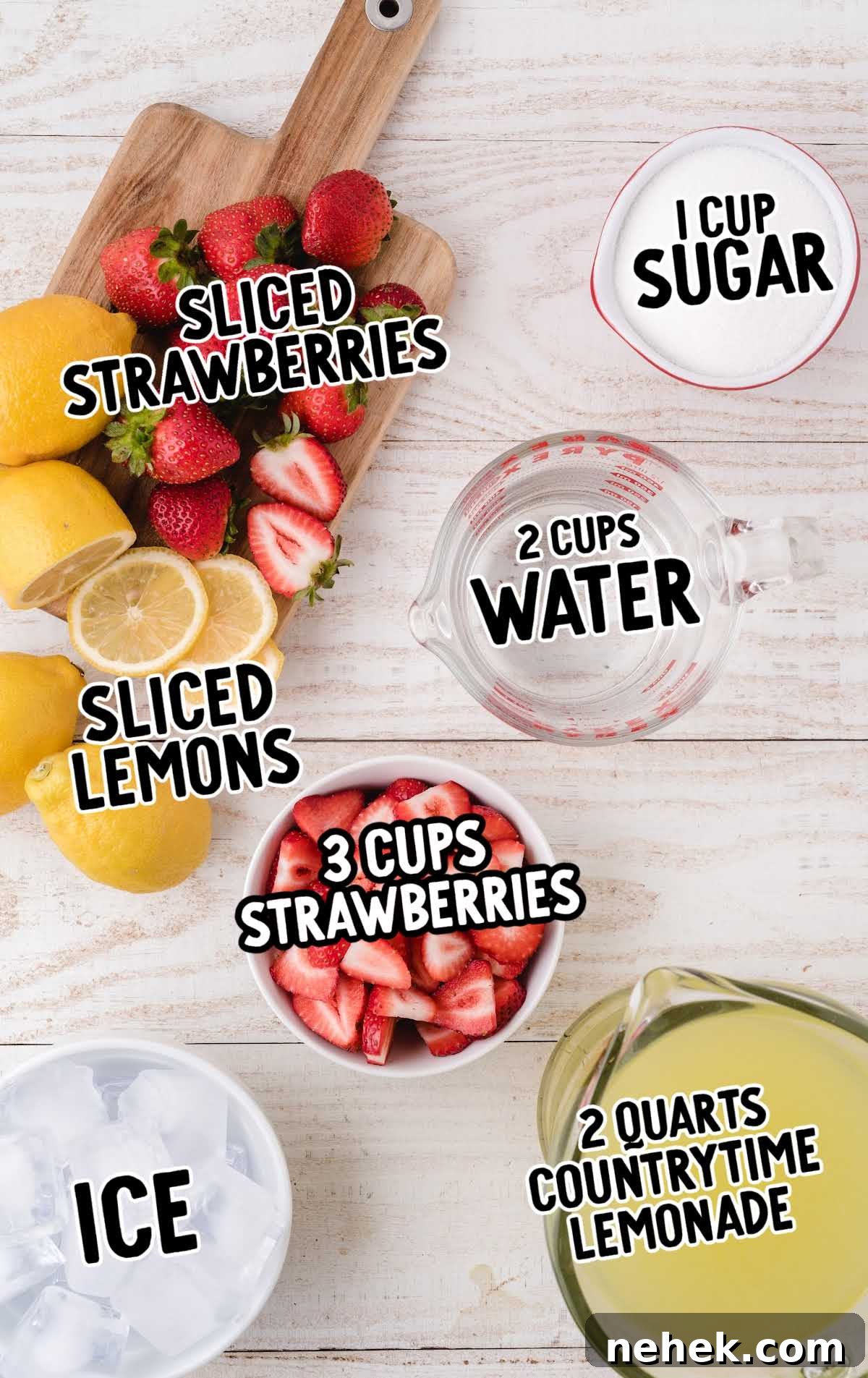 Refreshing Strawberry Lemonade Recipe for Summer Drinks 3 Strawberry Lemonade raw ingredients that are labeled
