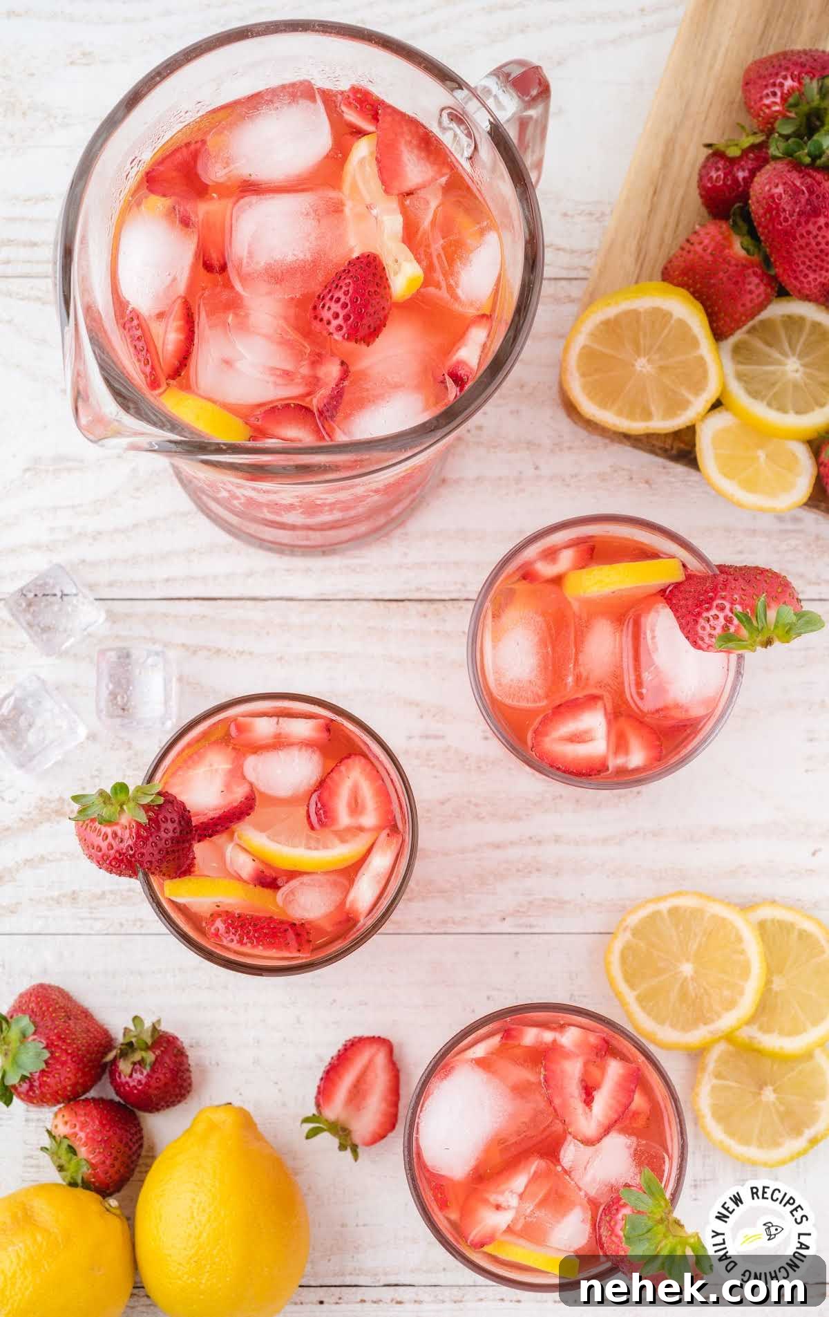 Refreshing Strawberry Lemonade Recipe for Summer Drinks 6 overhead shot of glasses and a pitcher full of Strawberry Lemonade garnished with strawberries and lemon