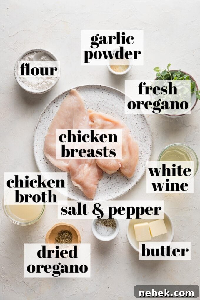 Savory Oregano-Roasted Chicken with Lemon and Garlic 3 Labeled overhead photo of chicken breasts, chicken broth, white wine, flour, garlic powder, fresh and dried oregano, butter, salt, and pepper arranged in prep bowls and on plates.