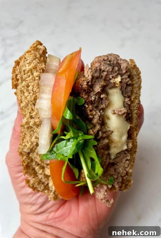 Homemade Burgers, finished burger halved