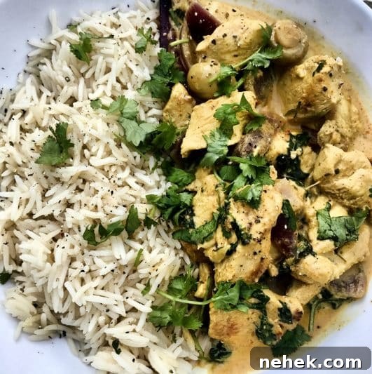 A bowl of chicken curry and rice