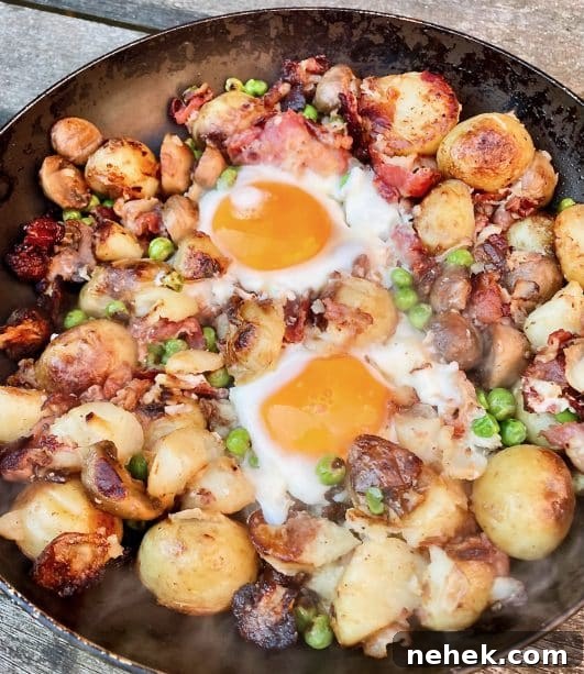 One pop fry up of new potatoes, egg, mushrooms, peas and bacon