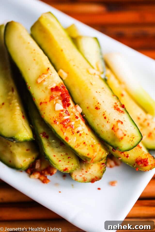 Spicy Korean Cucumber Kimchi Refrigerator Pickles - spicy and a little sour, these pickles are easy to make - I leave them out on the counter to ferment for one day, then refrigerate them