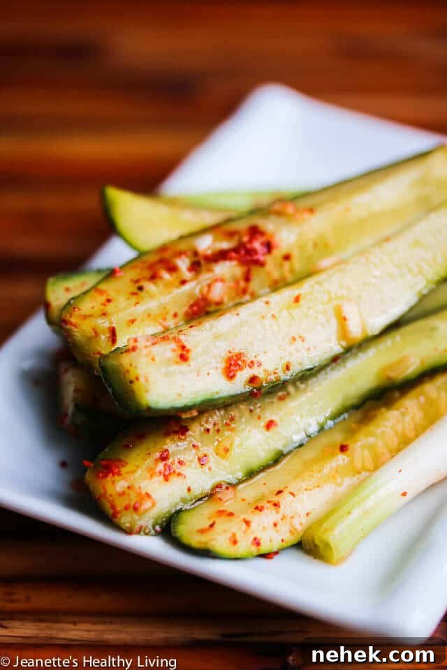Spicy Korean Cucumber Kimchi Refrigerator Pickles - spicy and a little sour, these pickles are easy to make - I leave them out on the counter to ferment for one day, then refrigerate them