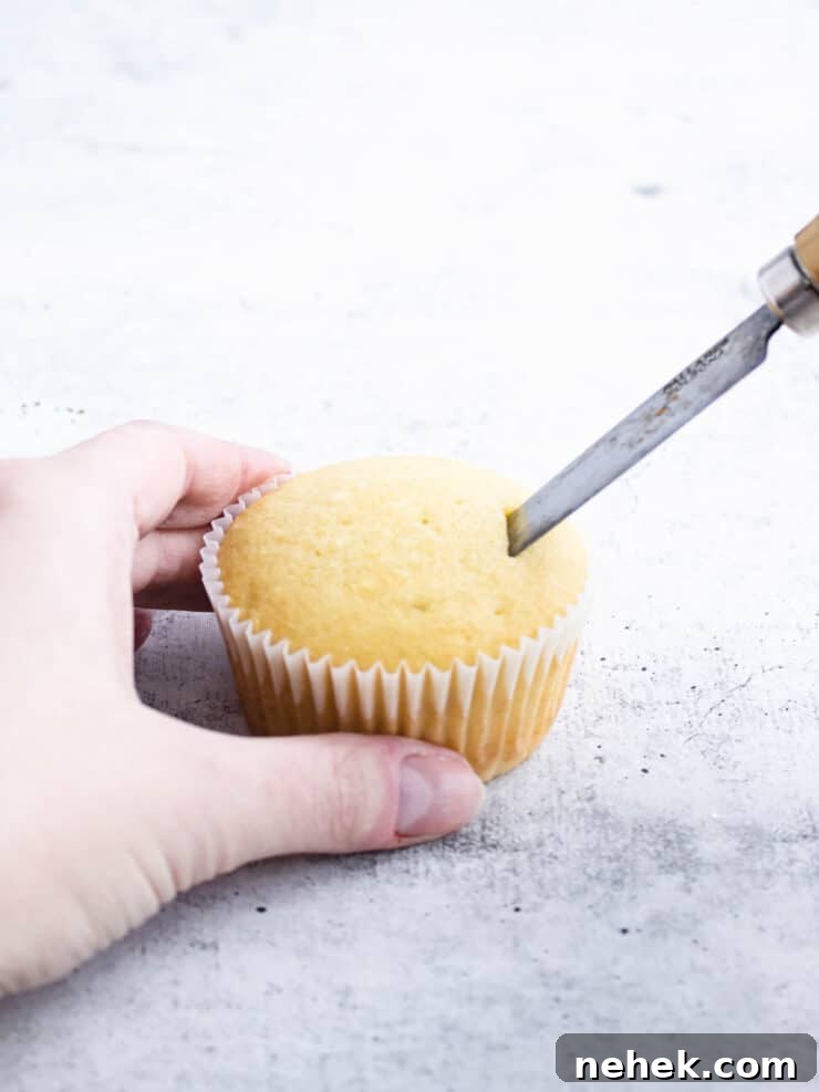 How to Fill Cupcakes Perfectly: 6 Methods for Delicious Centers 5 Side view of a small paring knife cutting into the top of a lemon cupcake.
