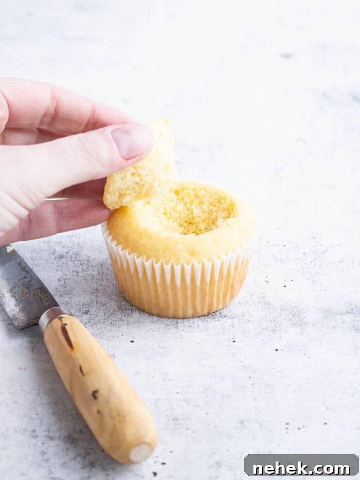 How to Fill Cupcakes Perfectly: 6 Methods for Delicious Centers 6 Cone shaped center of a cupcake being removed.