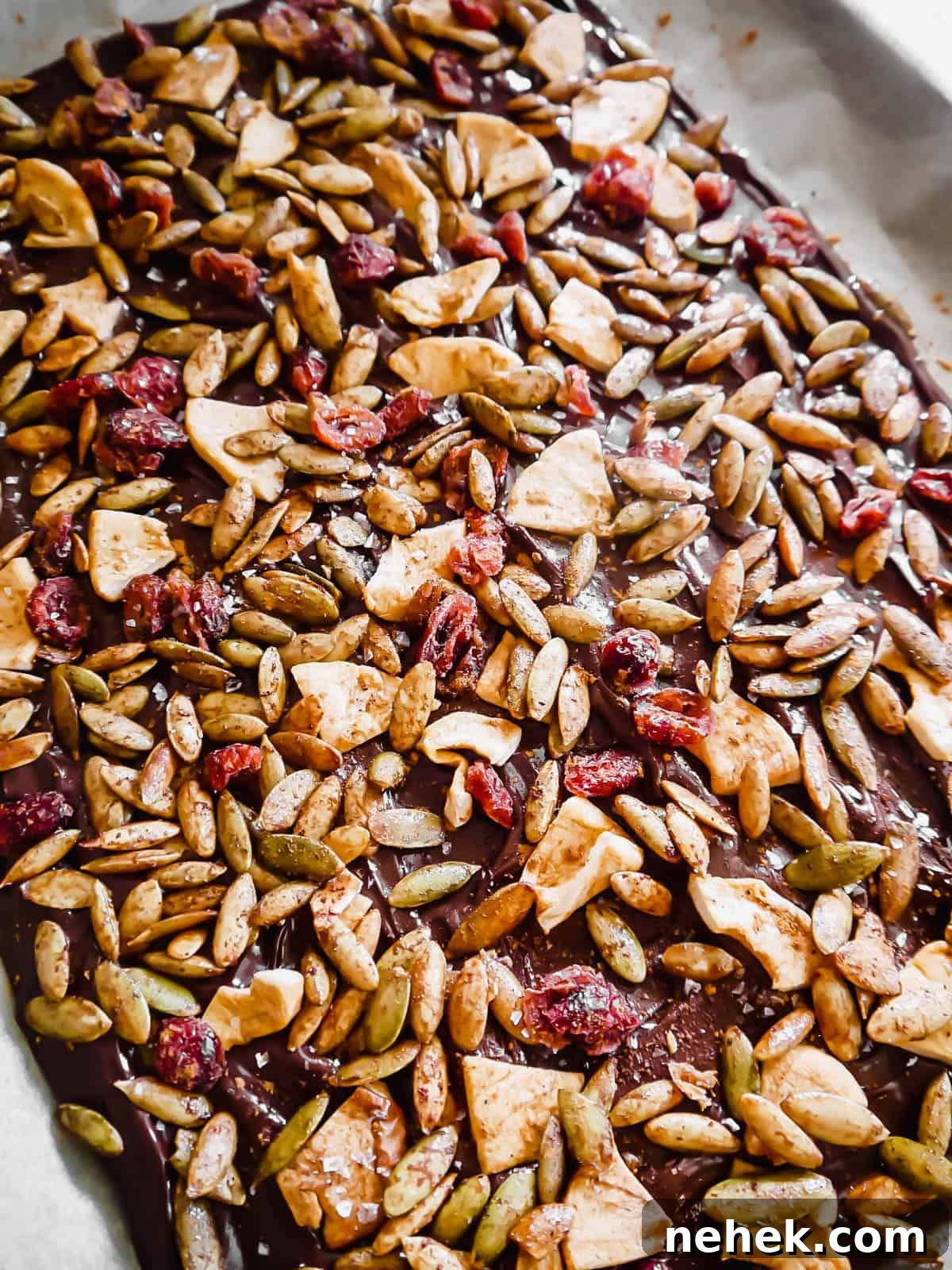 Fall Chocolate Bark with Dried Apples and Roasted Pepitas in pan.
