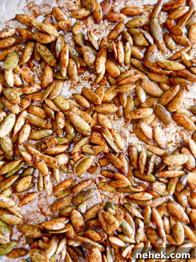 Roasted pepitas in a pan.