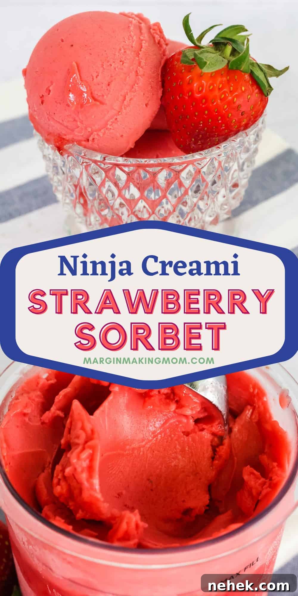 two photos; one shows scoops of strawberry sorbet in a glass dish; the other shows a Ninja Creami pint container of strawberry sorbet.
