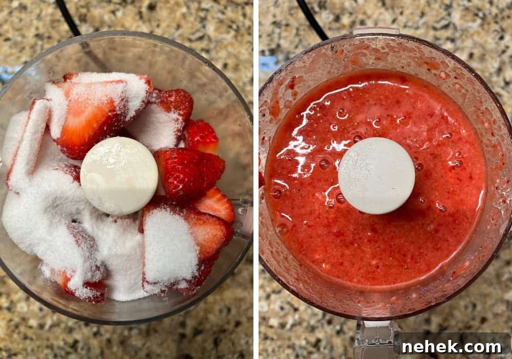 two photos; one shows strawberries, sugar,and lemon juice in a food processor; the other shows the resulting puree after pulsing.
