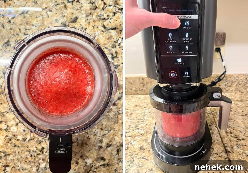 two photos; one shows the frozen base for strawberry sorbet in the ninja creami outer bowl; the other shows a finger pointing to the sorbet button on the machine.