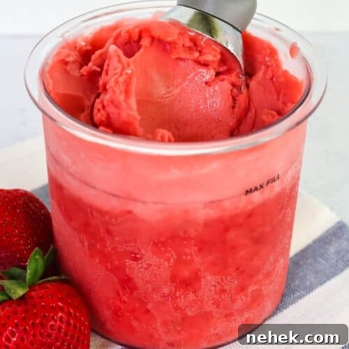 Ninja Creami strawberry sorbet in a pint container, with an ice cream scoop in it. Fresh strawberries are next to the container.