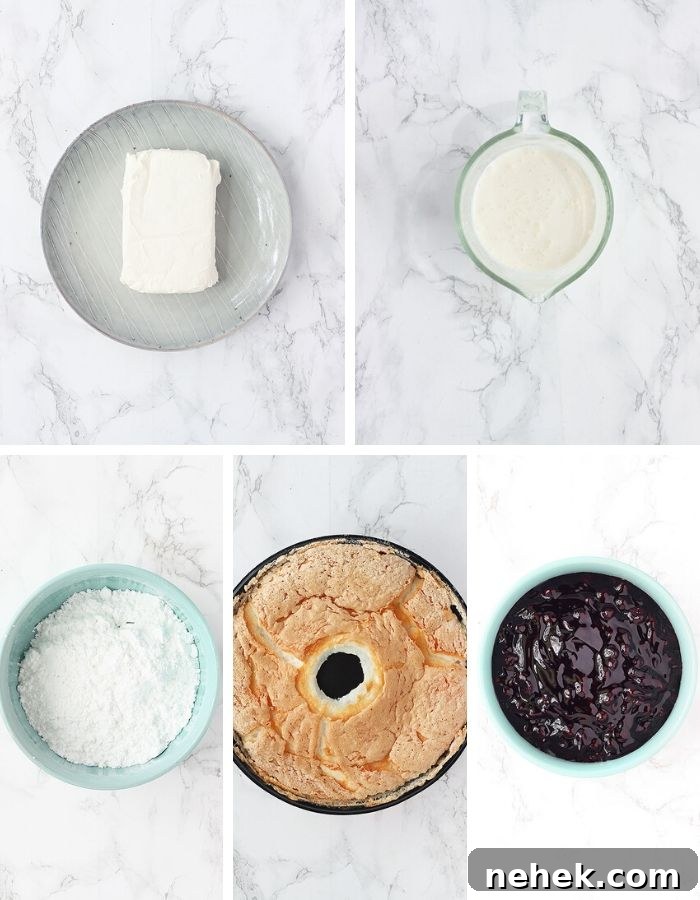 No-Bake Blueberry Icebox Cake Recipe for Summer Desserts 3 blueberry icebox cake ingredients include softened cream cheese, heavy cream, powdered sugar, angel food cake and blueberry pie filling