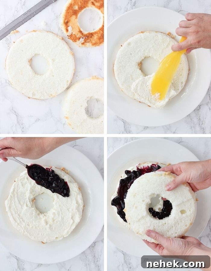 No-Bake Blueberry Icebox Cake Recipe for Summer Desserts 6 assemble the icebox cake by spreading cream cheese whipped cream over the top of a cake layer, topping it with blueberry pie filling and placing a second layer over it.