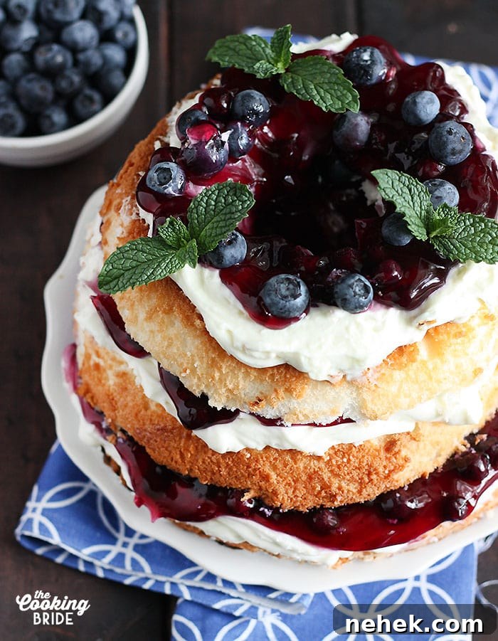 No-Bake Blueberry Icebox Cake Recipe for Summer Desserts 8 overhead shot of blueberry icebox cake garnished with mint leaves on a white plate served on a blue and white napkin
