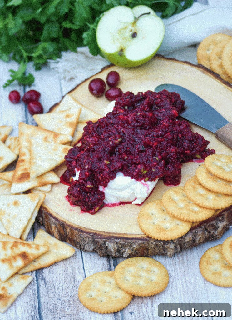 Tangy Cranberry Salsa Recipe for Holidays and Entertaining 3 cranberry salsa spread over a softened block of cream cheese on a wooden cutting board surrounded by crackers