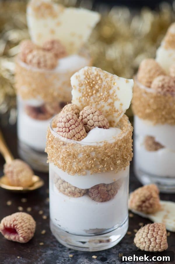 White Chocolate Raspberry Mousse Dessert Recipe 2 This easy white chocolate raspberry dessert mousse is the perfect gold dessert for New Year’s Eve!