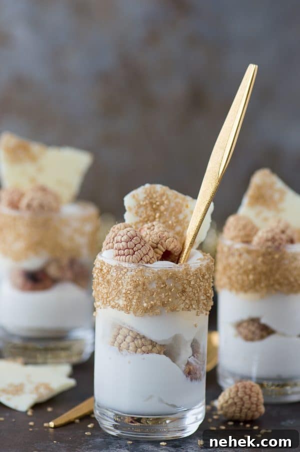 White Chocolate Raspberry Mousse Dessert Recipe 3 This easy white chocolate raspberry dessert mousse is the perfect gold dessert for New Year’s Eve!
