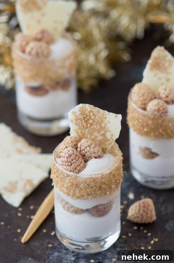 White Chocolate Raspberry Mousse Dessert Recipe 4 This easy white chocolate raspberry dessert mousse is the perfect gold dessert for New Year’s Eve!